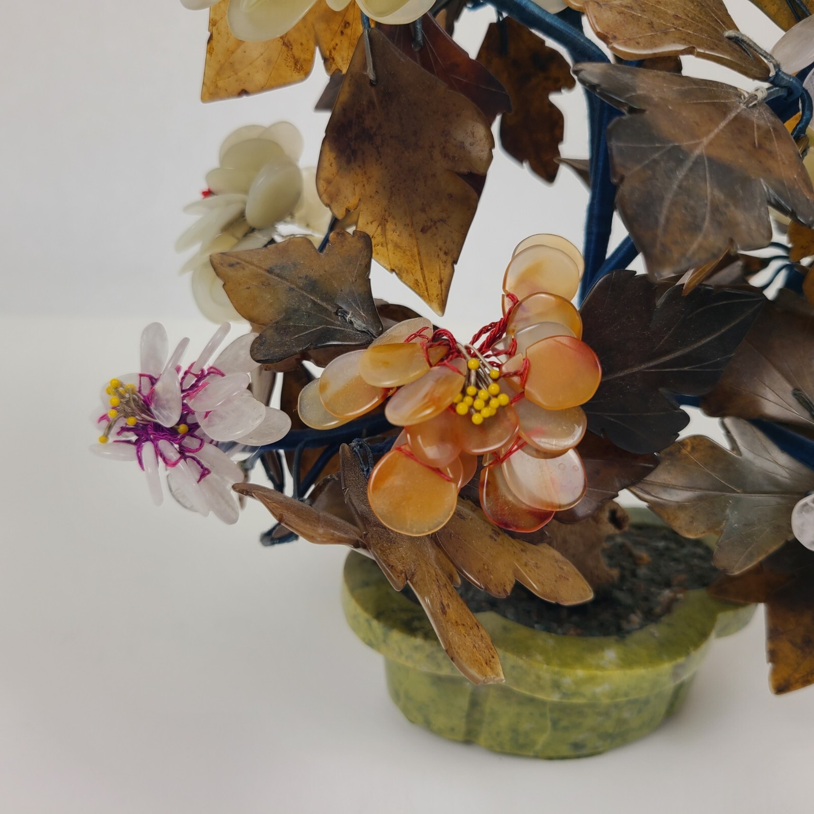 Vtg MCM Carved Agate Jade Quartz Bonsai Tree Flower Blossom Plant 11″ Tall Asian