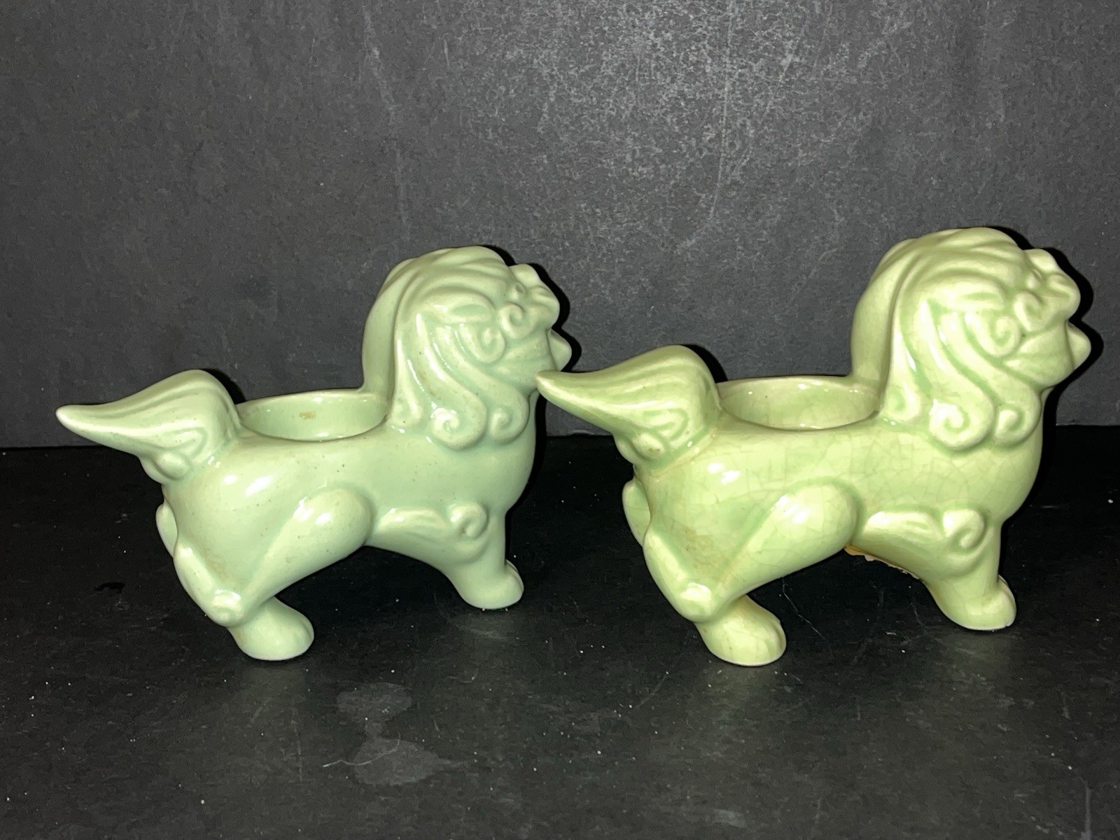 Pair MCM Oriental Foo Dog Tealight Candle Holders Khara Lions Vtg Green Asian
