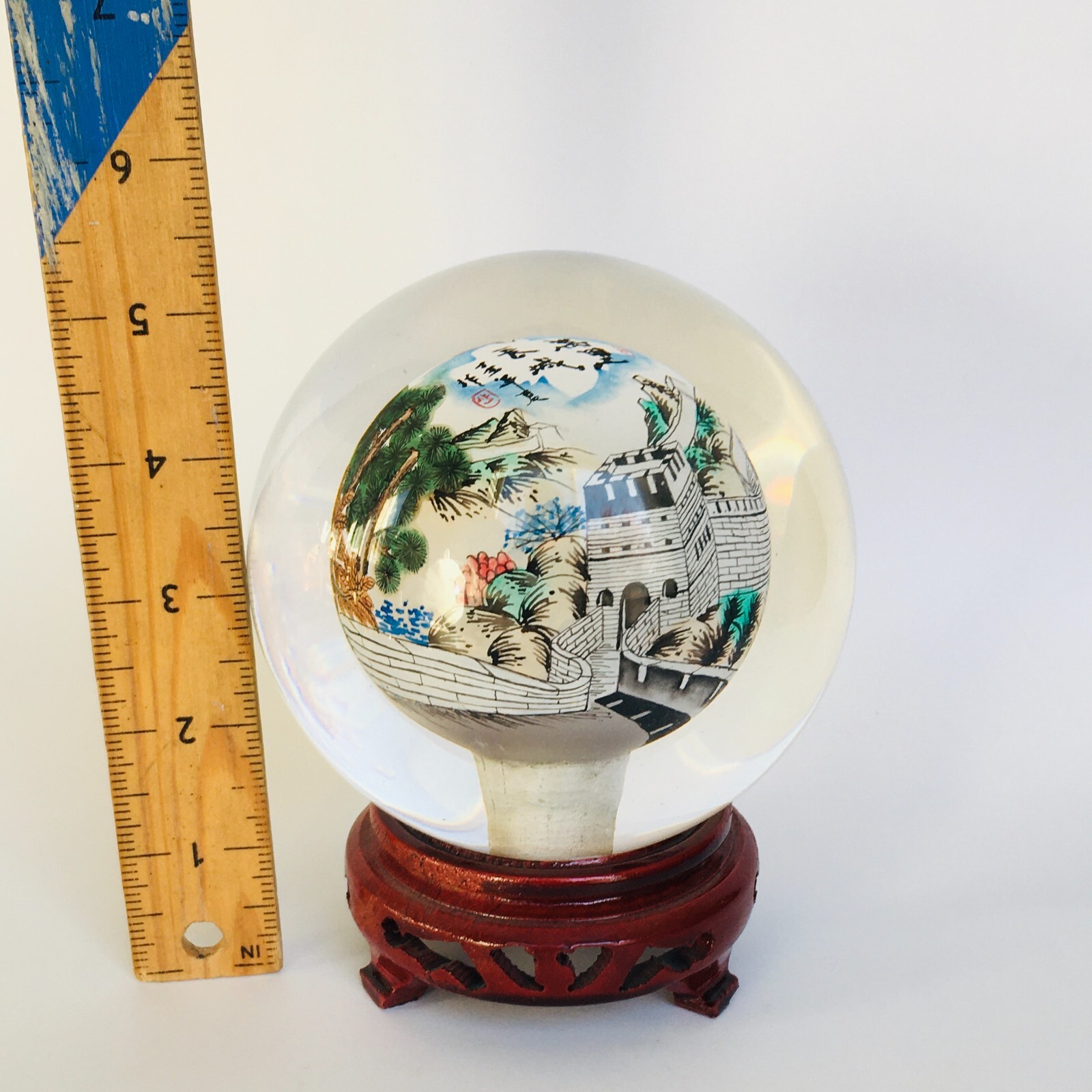 Reverse Painted Great Wall Vintage Glass Crystal Ball Sphere Signed 4.5″