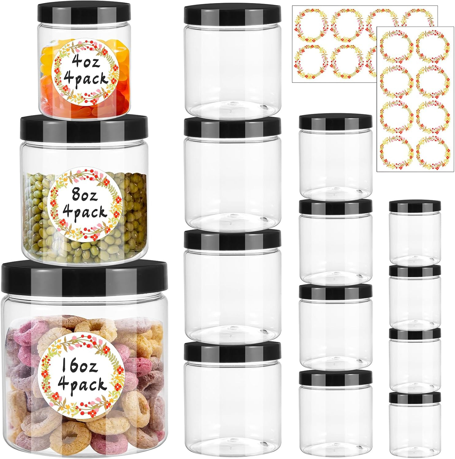 Dlerom 12Pcs Plastic Jars with Lids 16 Oz & 8 Oz & 4 Oz, Leakproof Storage Conta