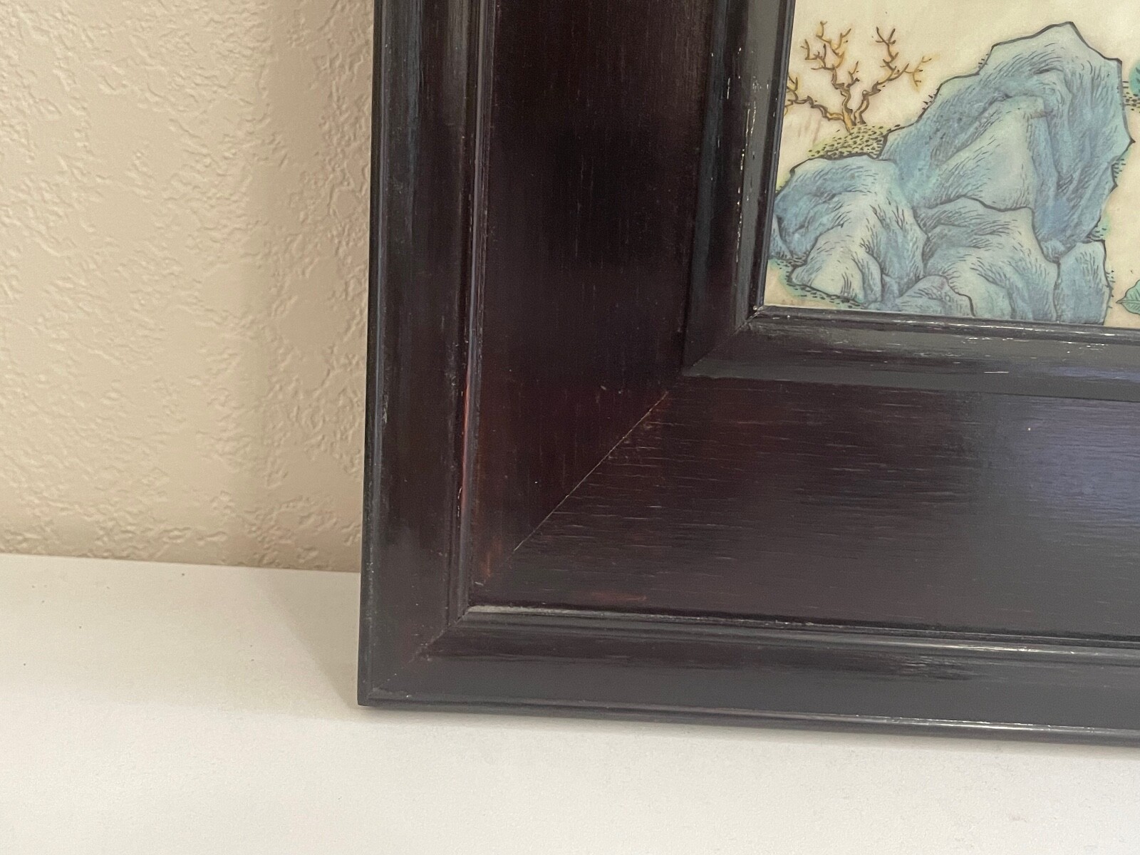 Vintage Chinese Framed Ceramic Plaque w/ Painted Man Figures & Dragon