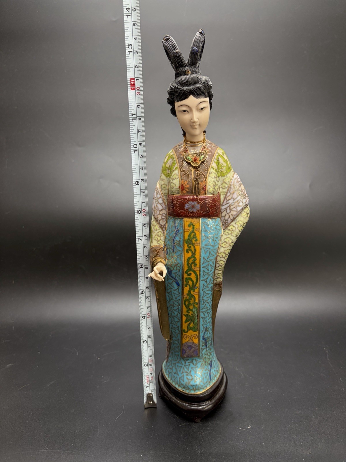 Gorgeous VTG Traditional Cloisonne Lady Figure Brass Enamel On Wood Base 13.5”