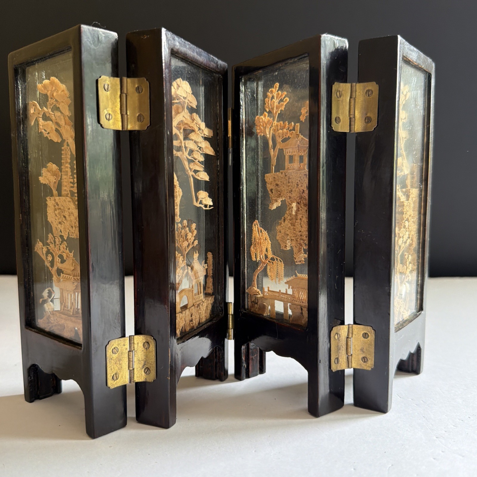 Vtg Chinese Cork Art Screen Folding 4 Panel Glass Pagoda Cranes Black Lacquer
