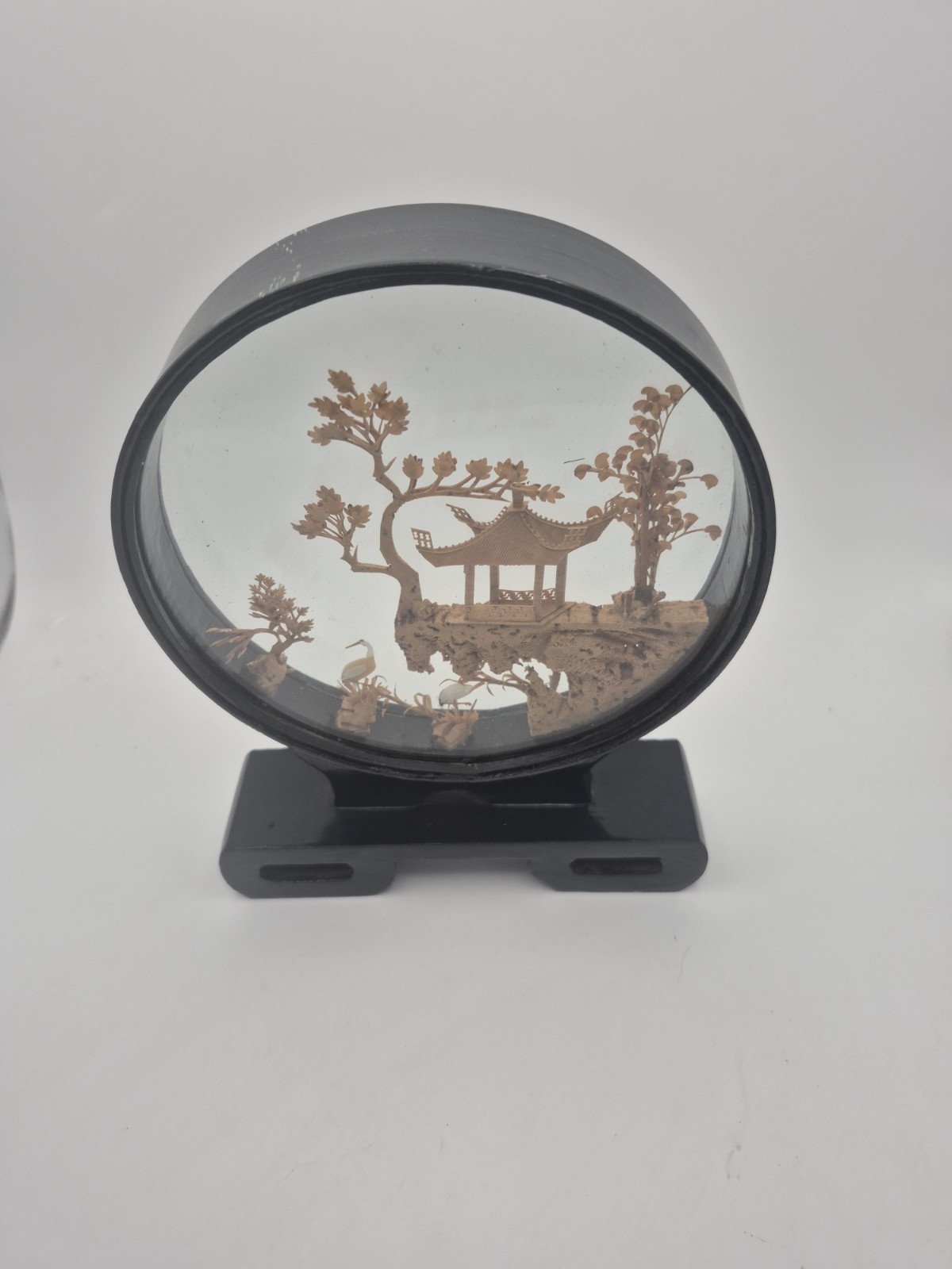 VTG Chinese Hand Carved Cork Diorama Shadow Box Asian Art Pagoda Cranes Trees