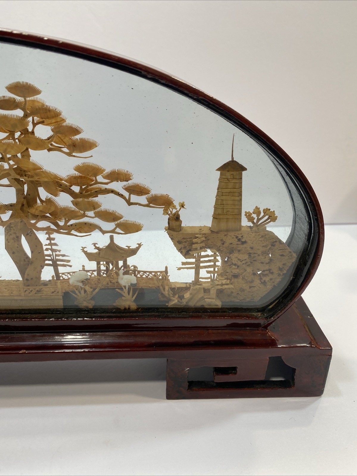 Vtg Chinese Oriental Cork Art 3D Diorama Red Lacquer Frame Pagoda Cranes