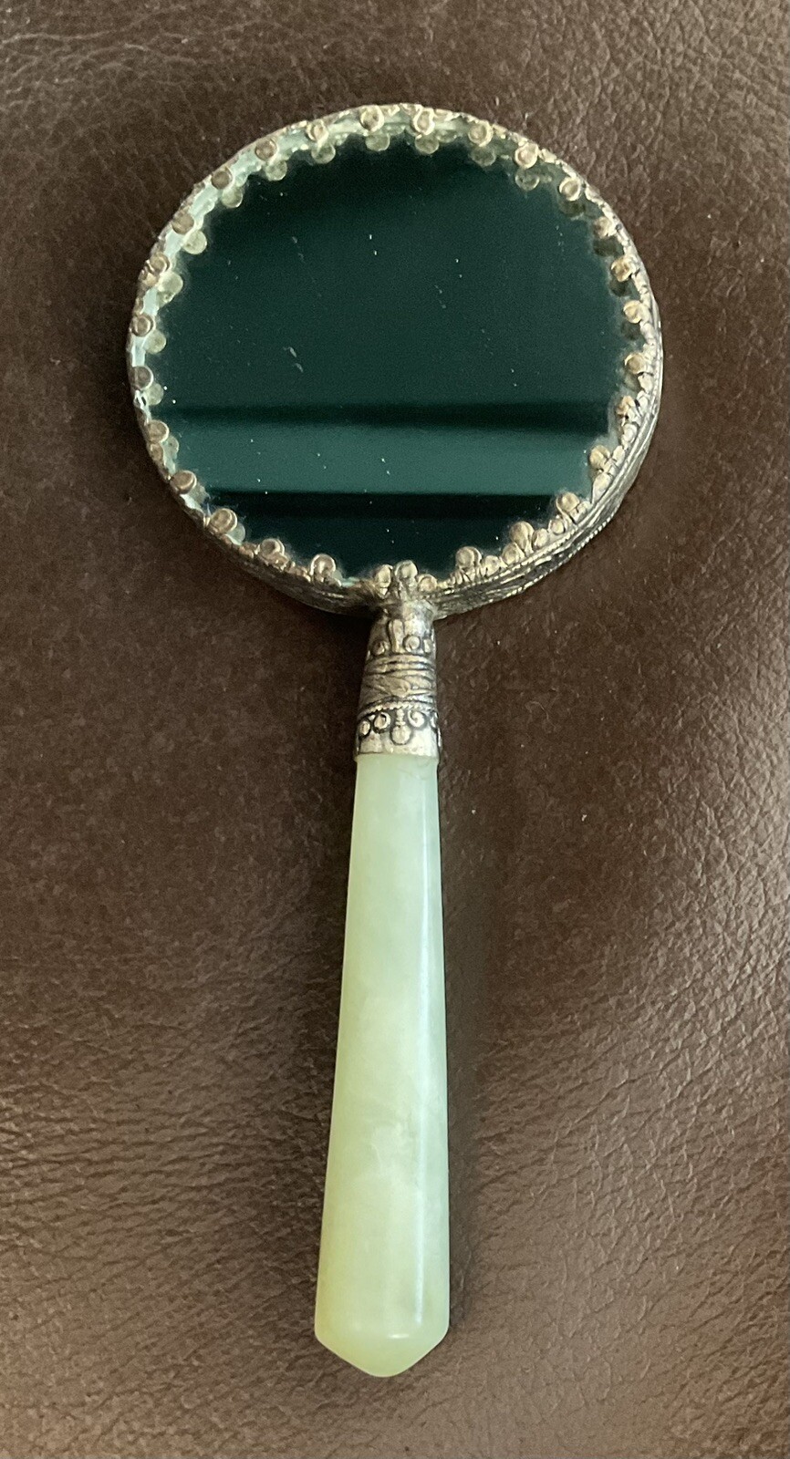 Chinese Small Hand Mirror Porcelain Scene Jade Handle China Asian Oriental