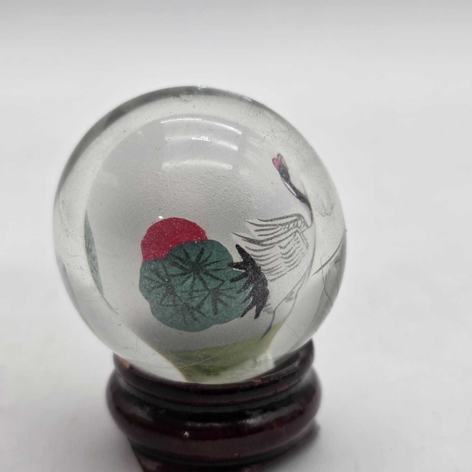 Vintage Reverse Hand Painted Cranes Revolving Sphere Ball Paperweight on Stand