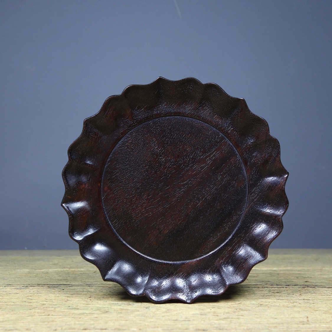 Vintage Hand Carved Rosewood Lotus Tea Tray Decor 14.5cm