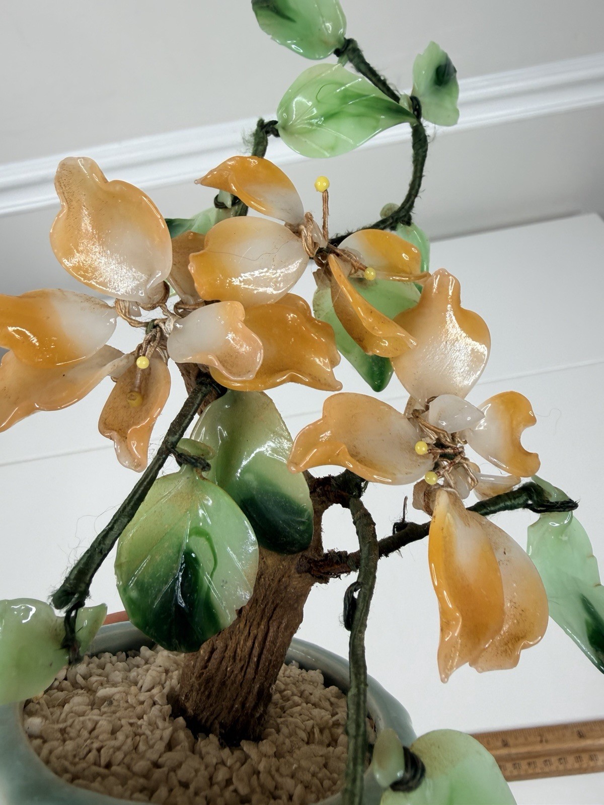 Vintage Asian Jade Glass peach green Cherry Blossom Bonsai Tree 9” Inch