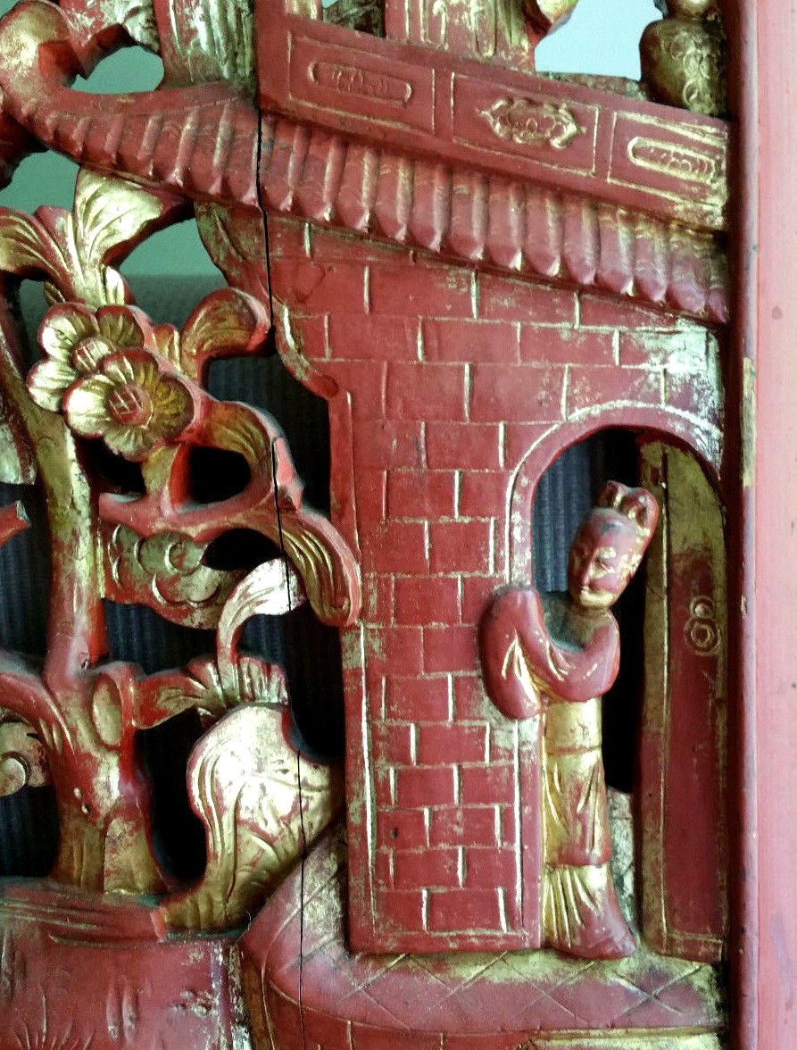 ANTIQUE CHINESE CARVED WOOD Wall Furniture PANEL Gold Red