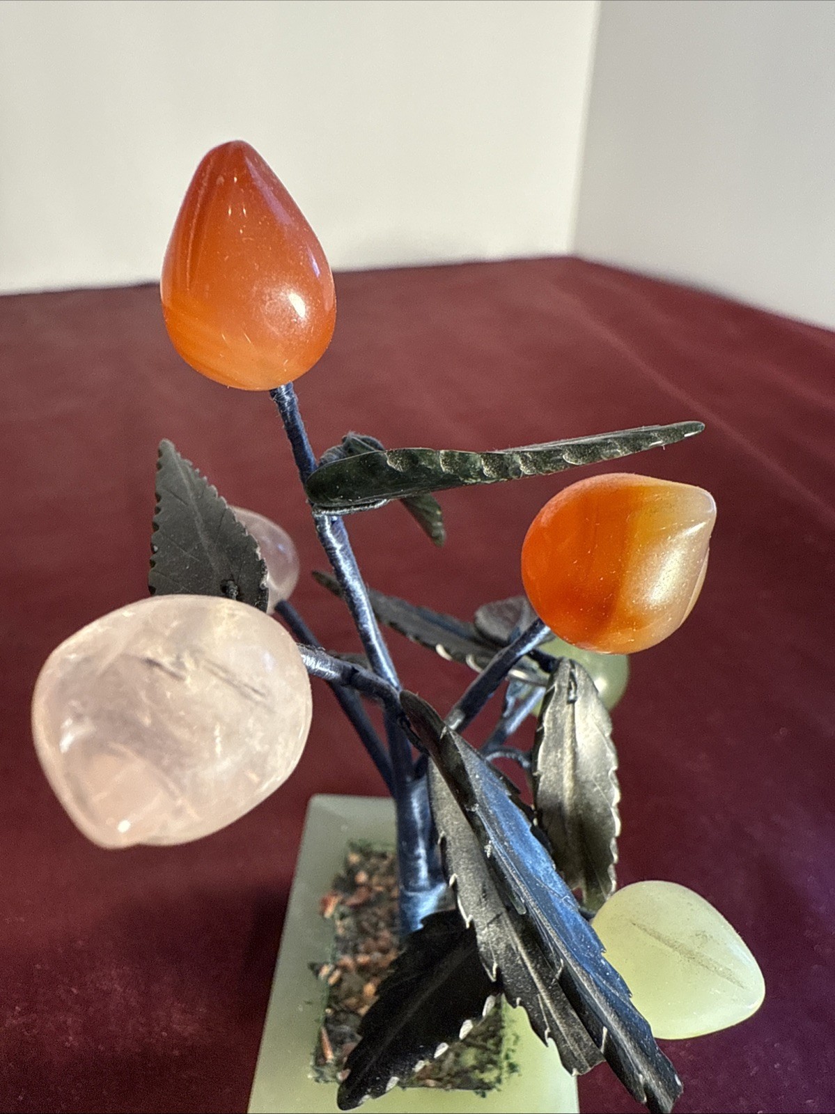 Vintage Jade & Gemstone Bonsai Tree – Carnelian Rose & Jade Floral Sculpture 5″