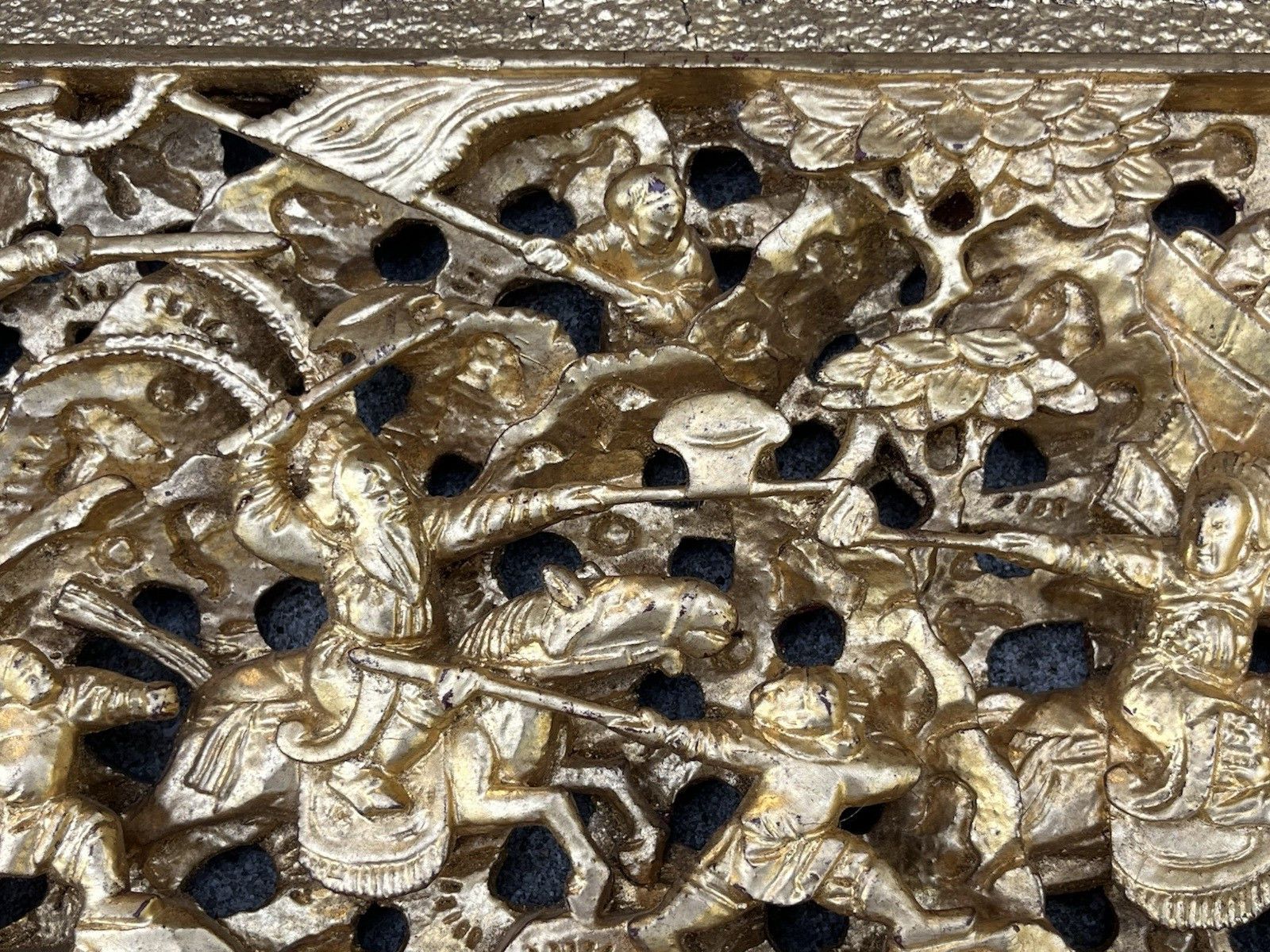 Antique Asian Chinese Gold Gilded Carved Warrior Wood Panel