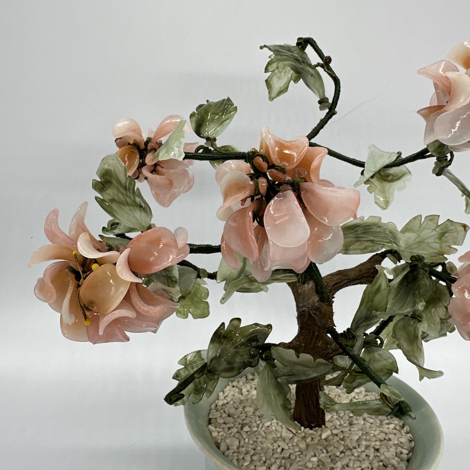 Vtg Chinese Jade Glass Cherry Blossom Bonsai Tree Pink Flower Celadon Pot 11×9.5