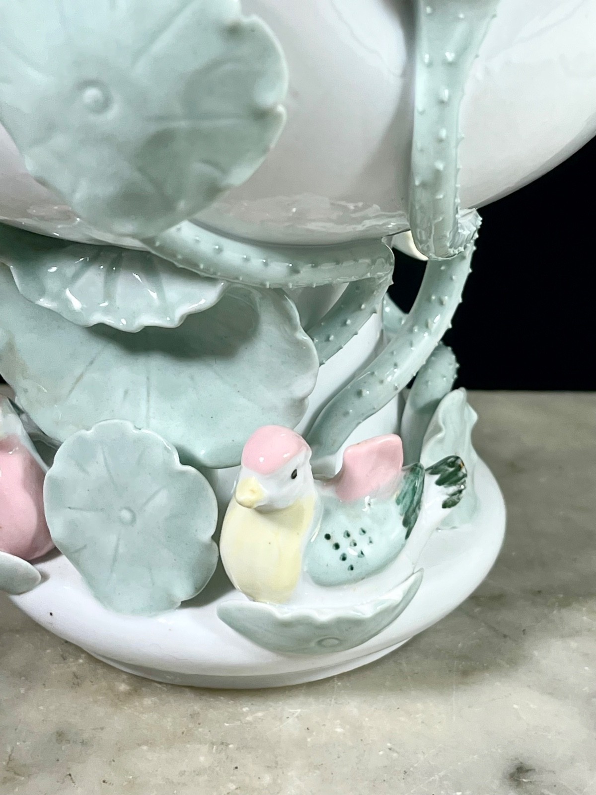 Vintage Chinese Porcelain Blanc de Chine White Lotus Footed Bowl Lily Pads Ducks