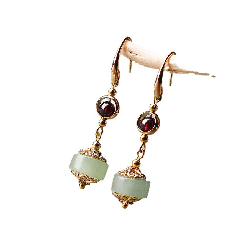 China Dongling Jade/Garnet/Alloy Tibetan Style Exquisite Earbob Earrings
