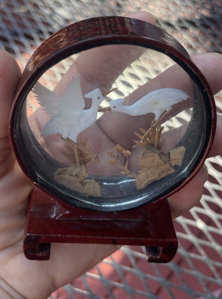 VINTAGE ASIAN Set CARVED CORK DIORAMA GLASS DISPLAY WOOD BOX Storks & Elephants