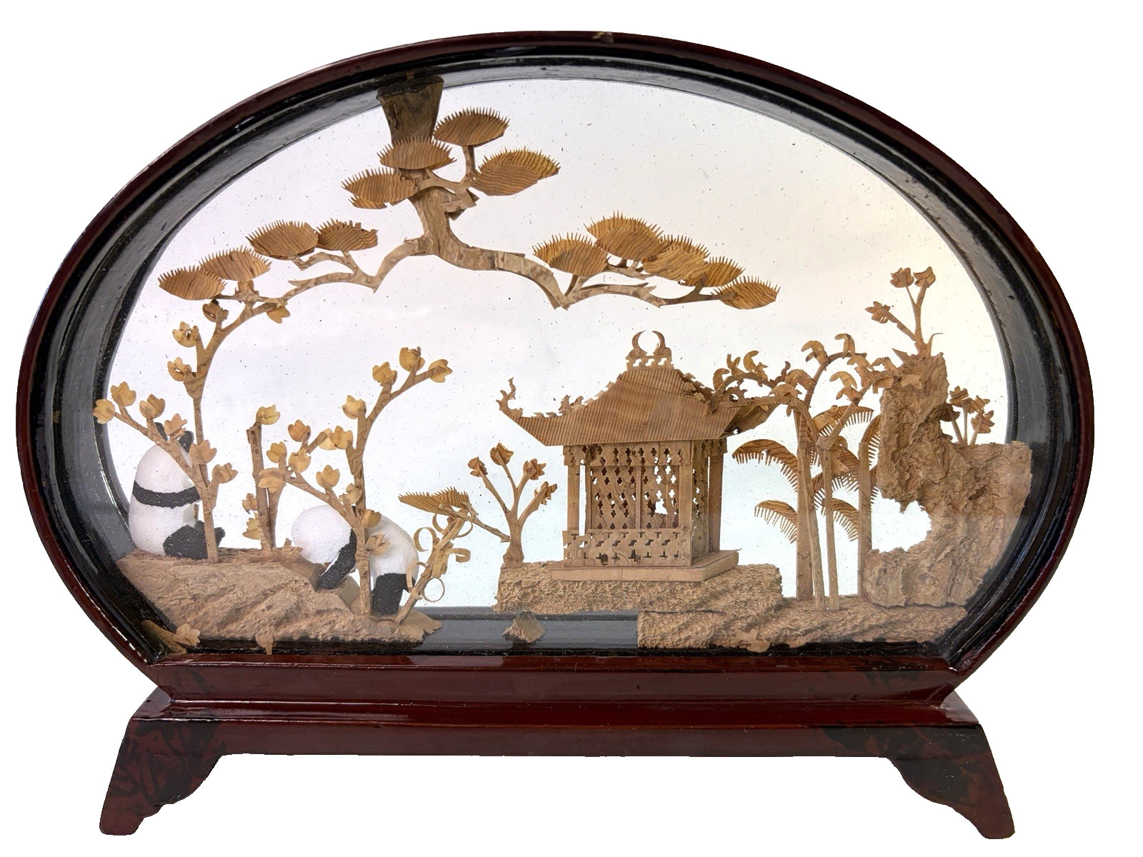 Chinese Carved Cork Art Diorama Pandas Pagoda Bamboo Trees VTG 8″