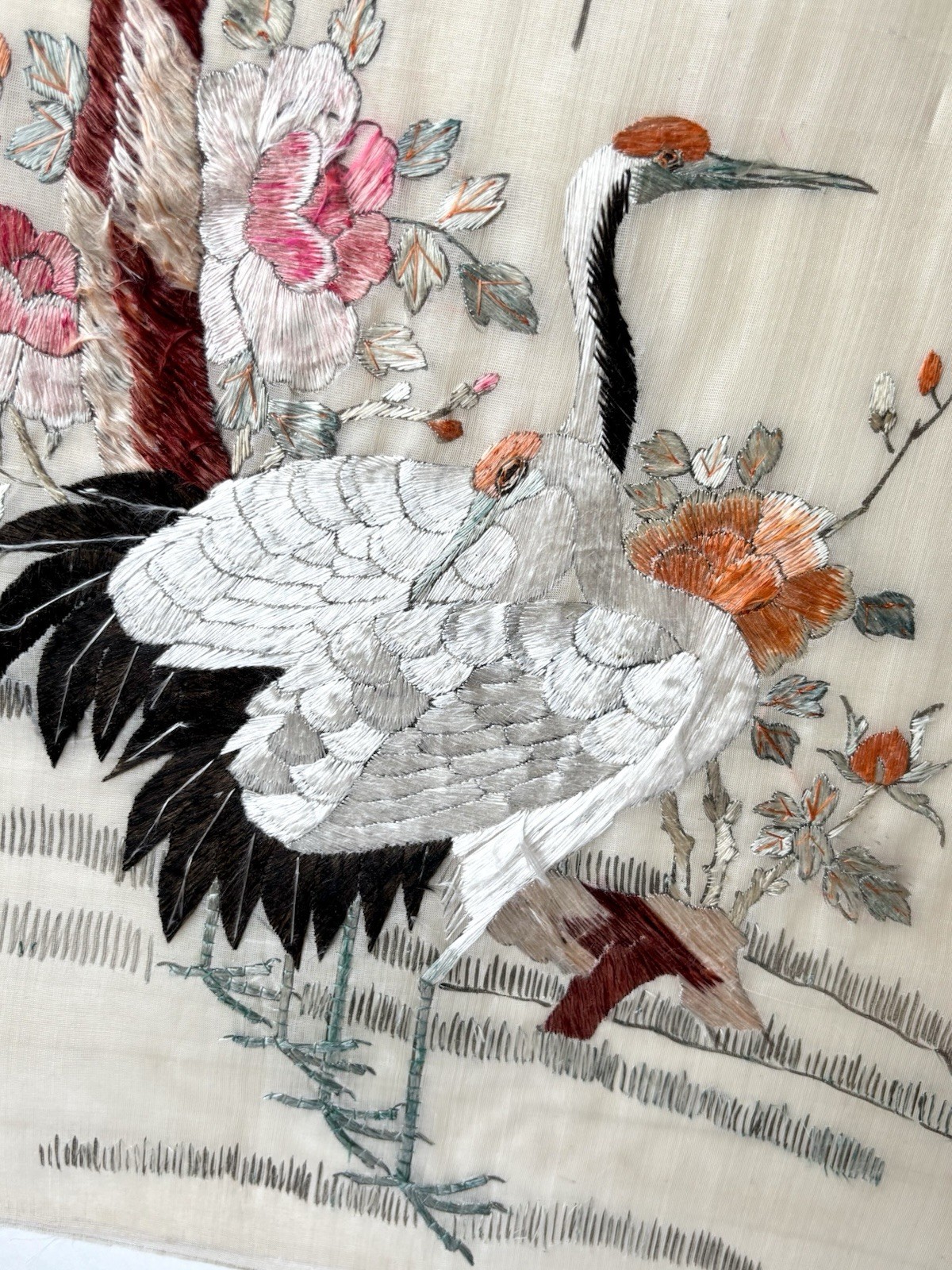Antique Chinese Silk Embroidery Panel | Hand-Stitched Crane & Pine | 22” Textile
