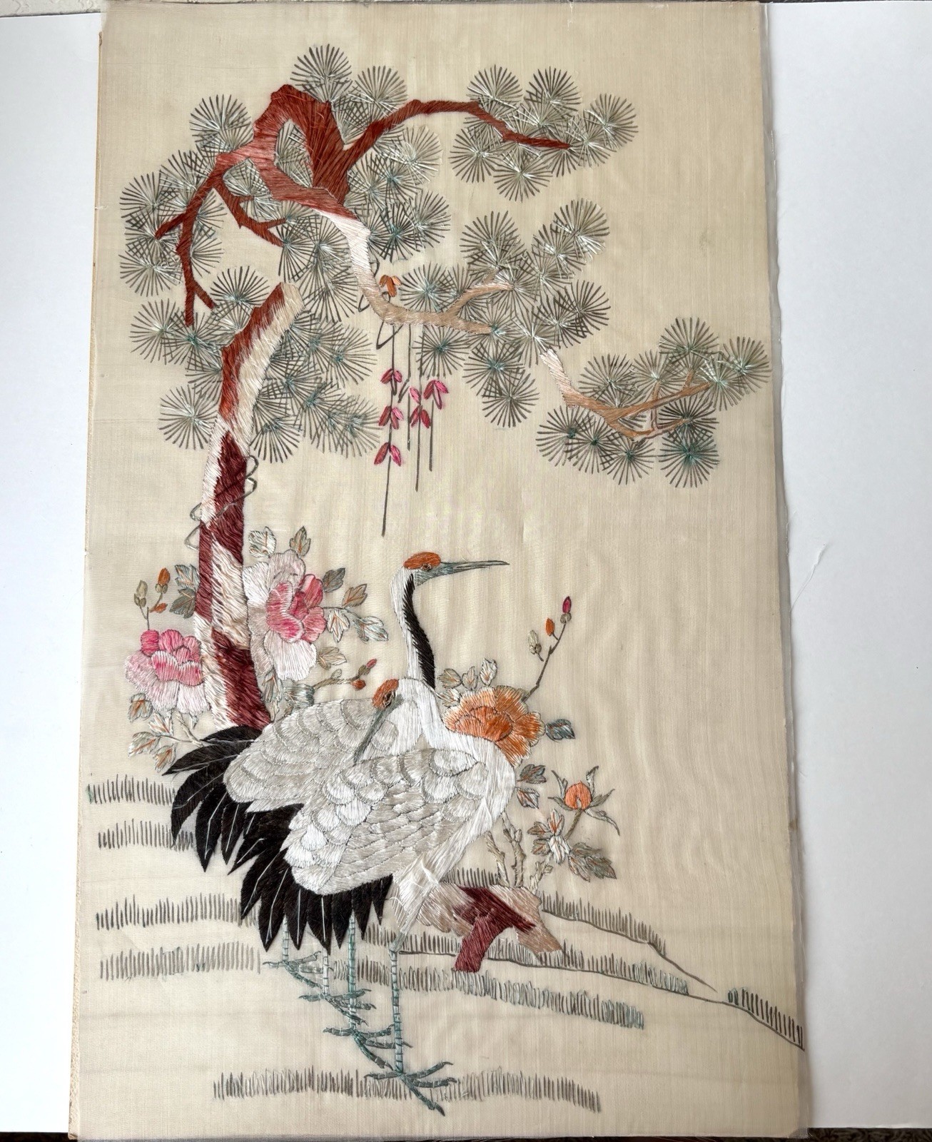 Antique Chinese Silk Embroidery Panel | Hand-Stitched Crane & Pine | 22” Textile