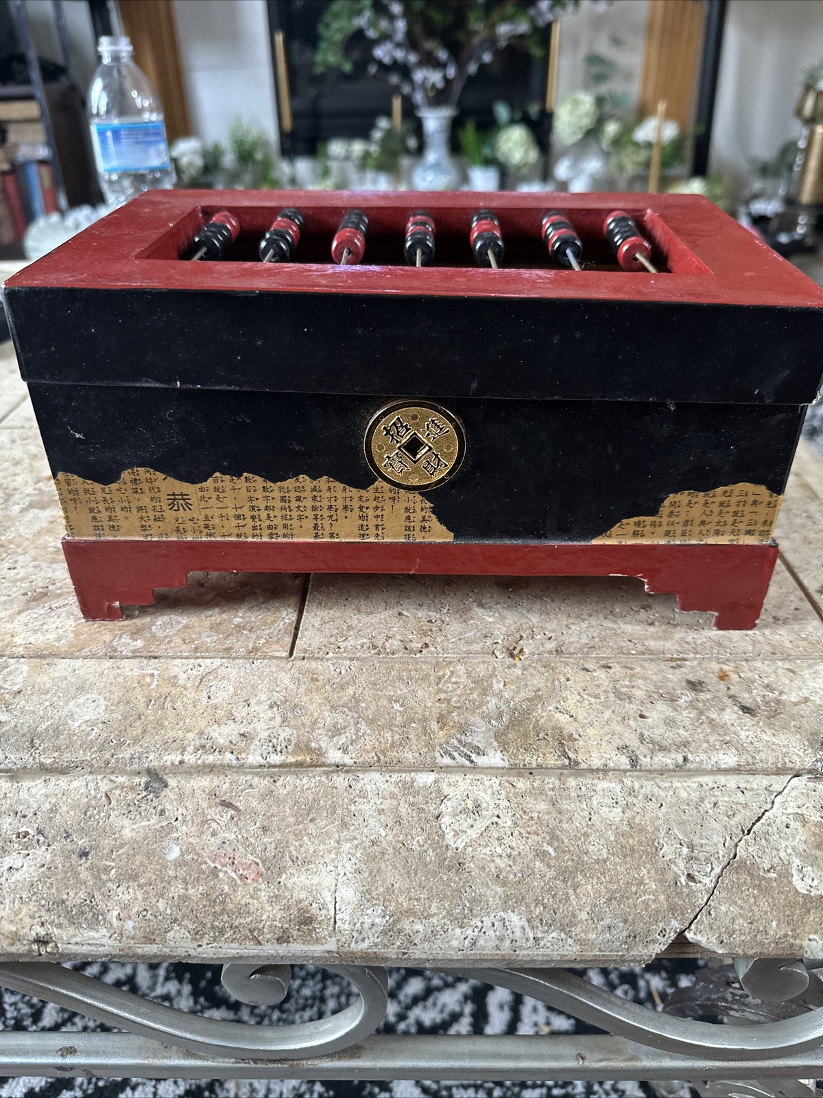 Vintage Paper Mache Made in Philippines Wooden Abacus Storage Box Wood Beads