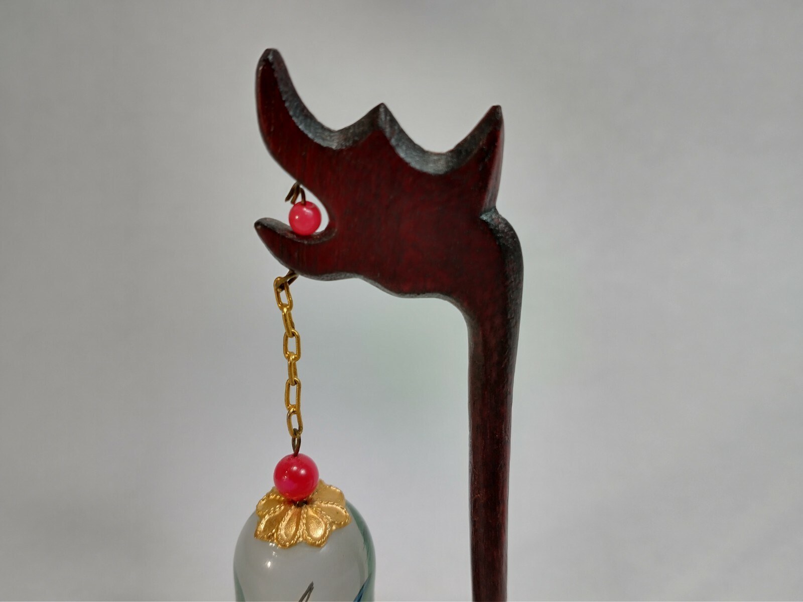 Chinese Asia Reverse Painted Glass Bell w/ Wood Dragon Stand Crane Birds Design