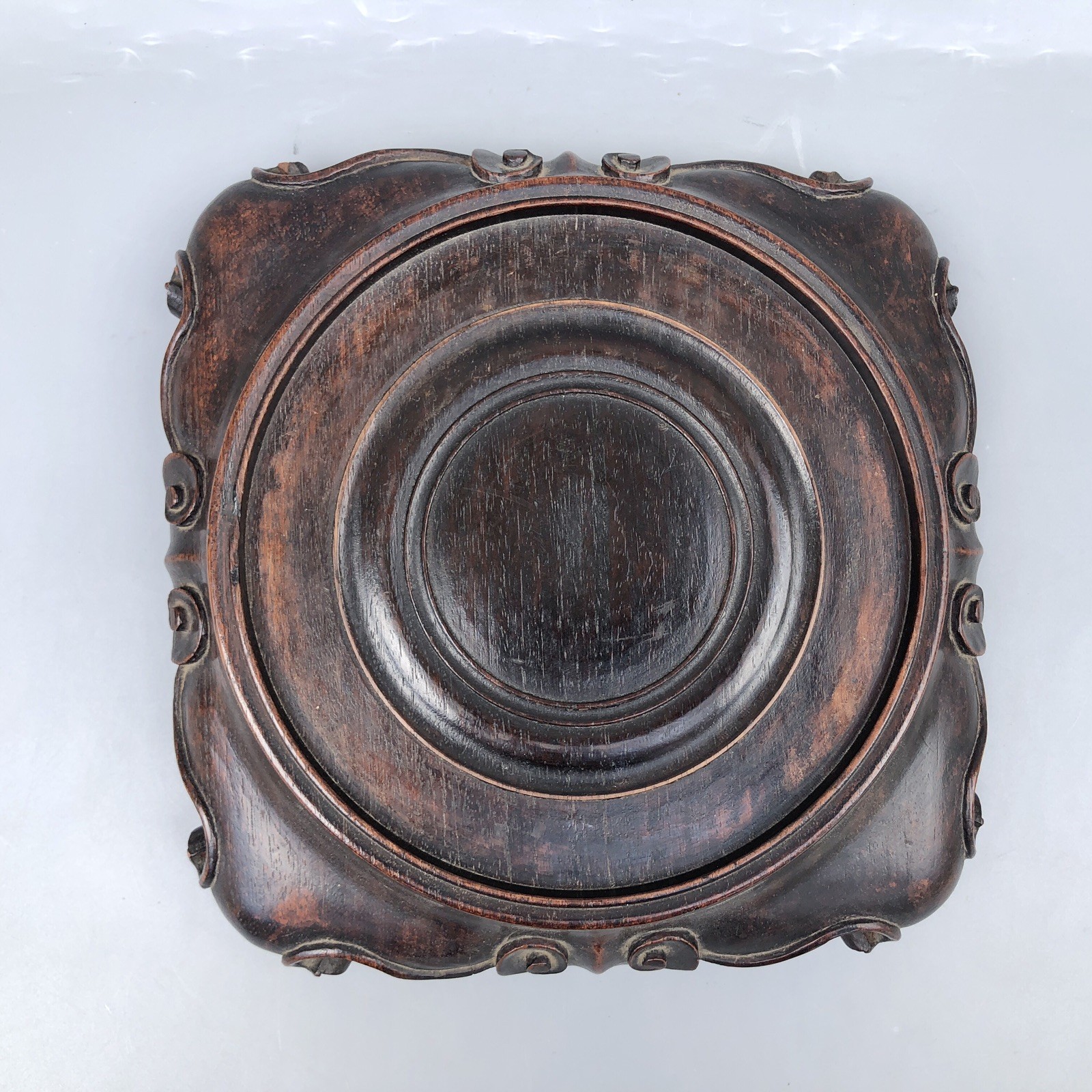 Antique Chinese Hongmu? Wood Carved Scroll Cloud Square Vase Planter Stand