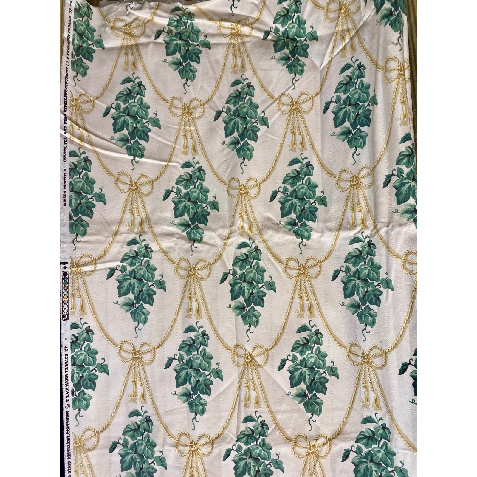 P. Kaufmann fabric pale yellow green ivy leaves white rope Cord Tassels 54″x200″