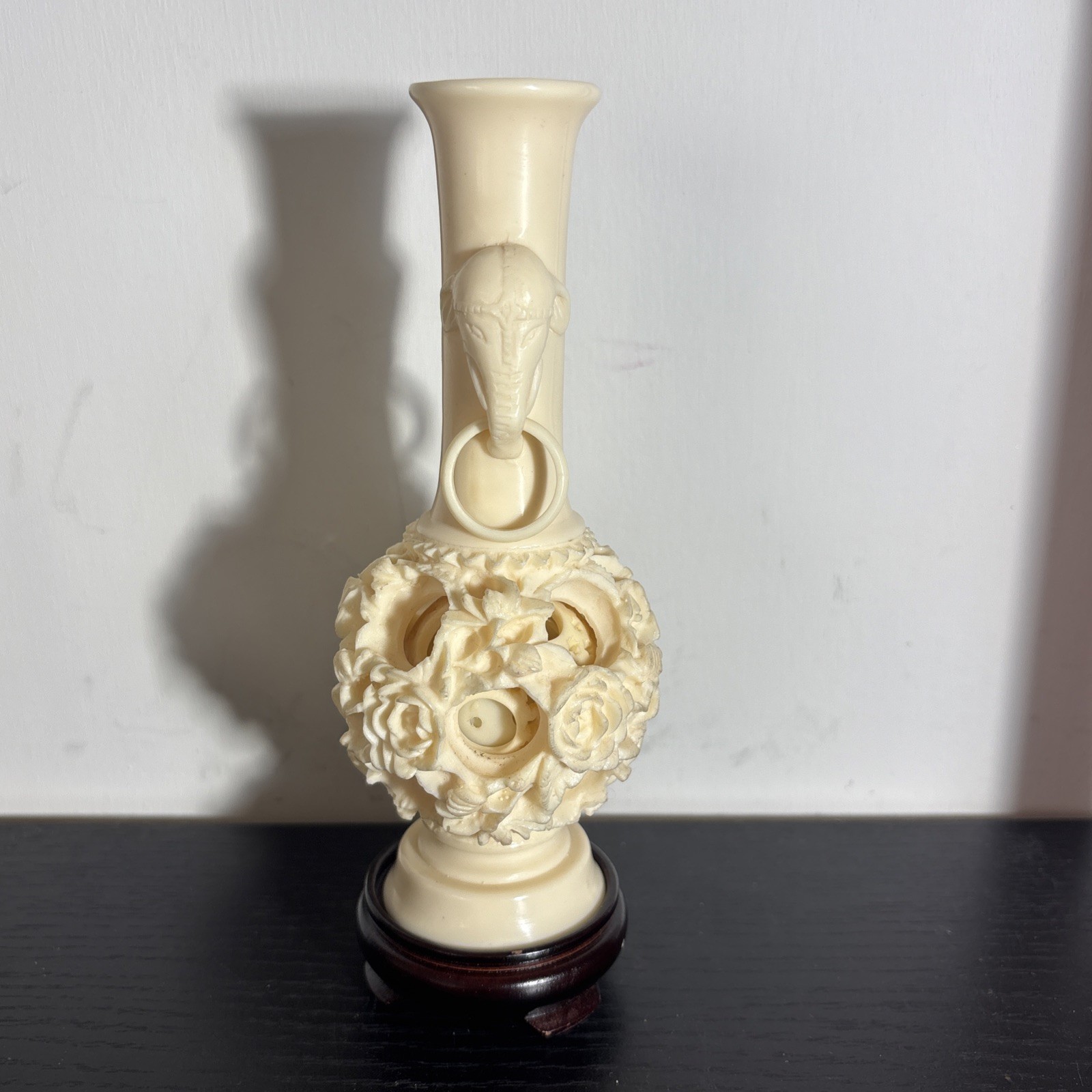 Vintage Chinese Puzzle Ball w/Elephants on Stand Faux Ivory in Plastic Front Box
