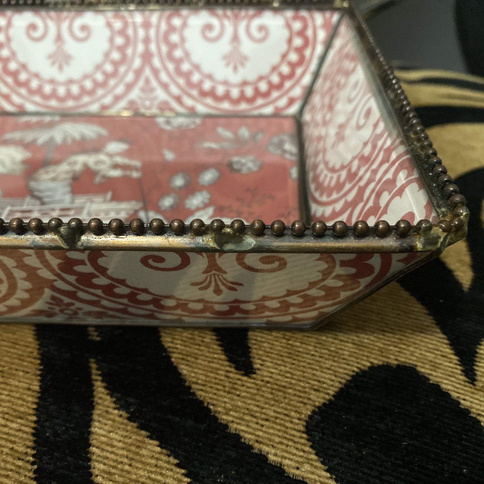 Vintage Chinoiserie Leaded glass Tray Chinese Culture Designs Reddish Pink