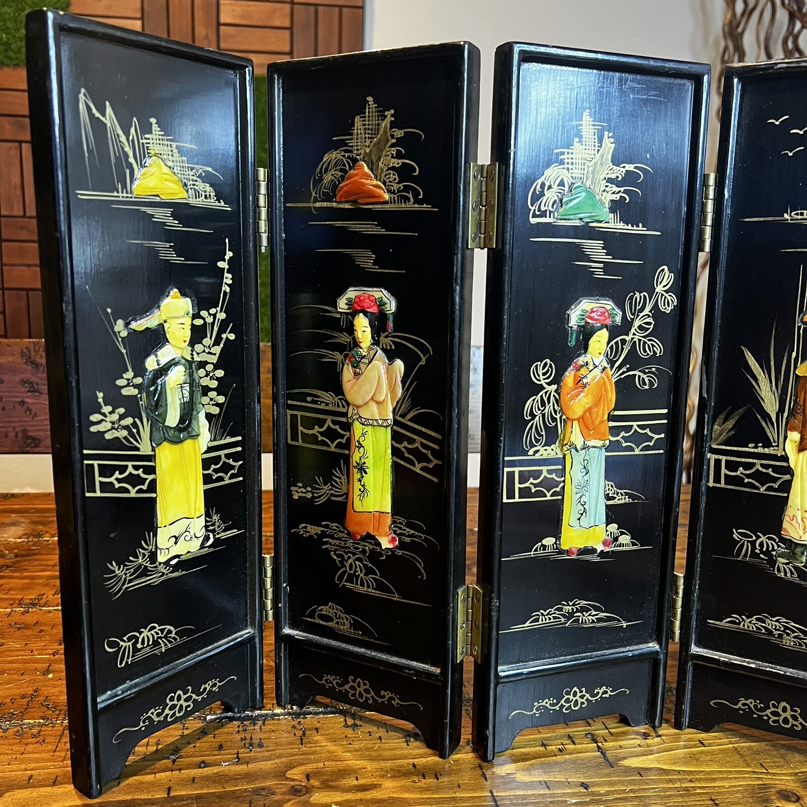 Vintage Mini Asian Chinese Lacquer Table Top Folding Screen Carved Stones Rare