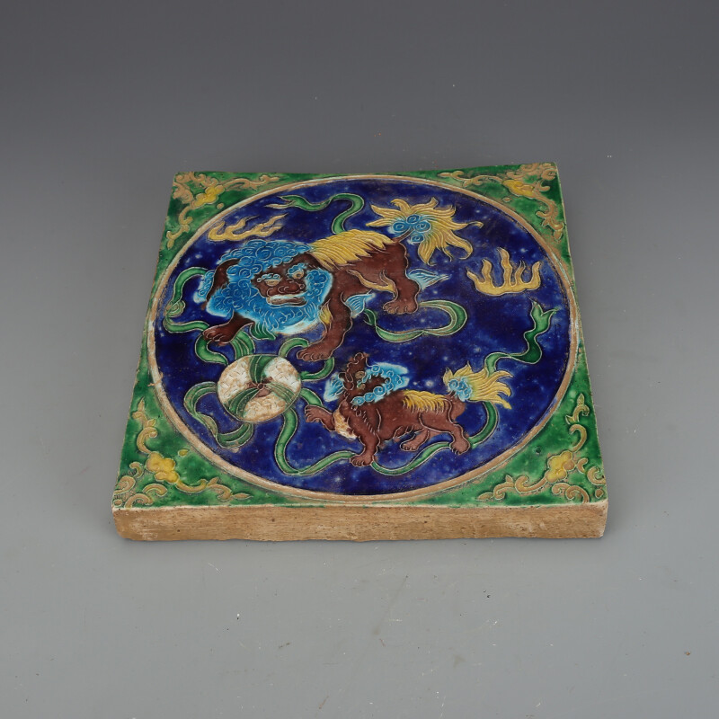 8″ Chinese Yuan Fahua Colour Porcelain Carve Animal Foo Fu Dog Lion Ground Tile