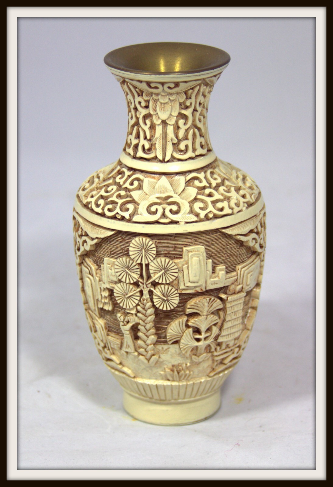 Exquisite “Hand Carved White Chinese Cinnabar Vase” (6.5″ High x 3.25″ Diameter)
