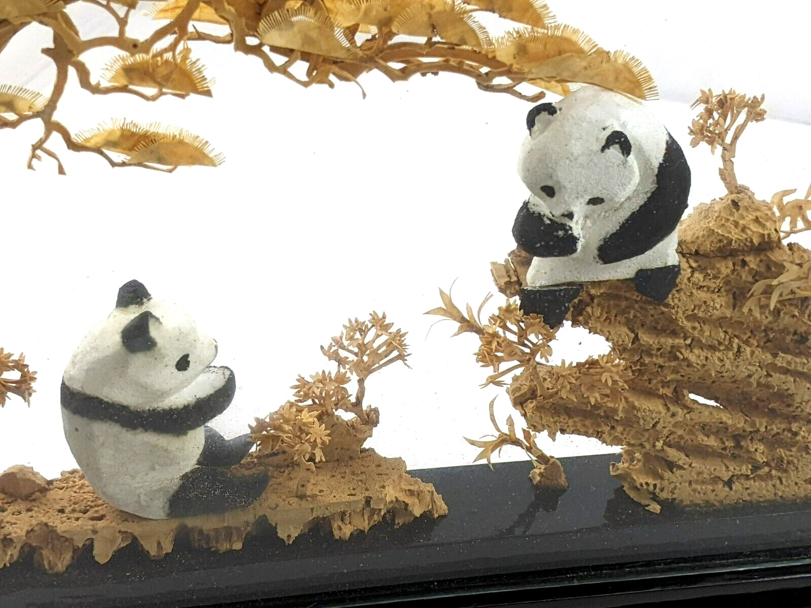 Chinese Oval Diorama Panda Bears Hand Carved Cork Trees Scene Lacquered Frame