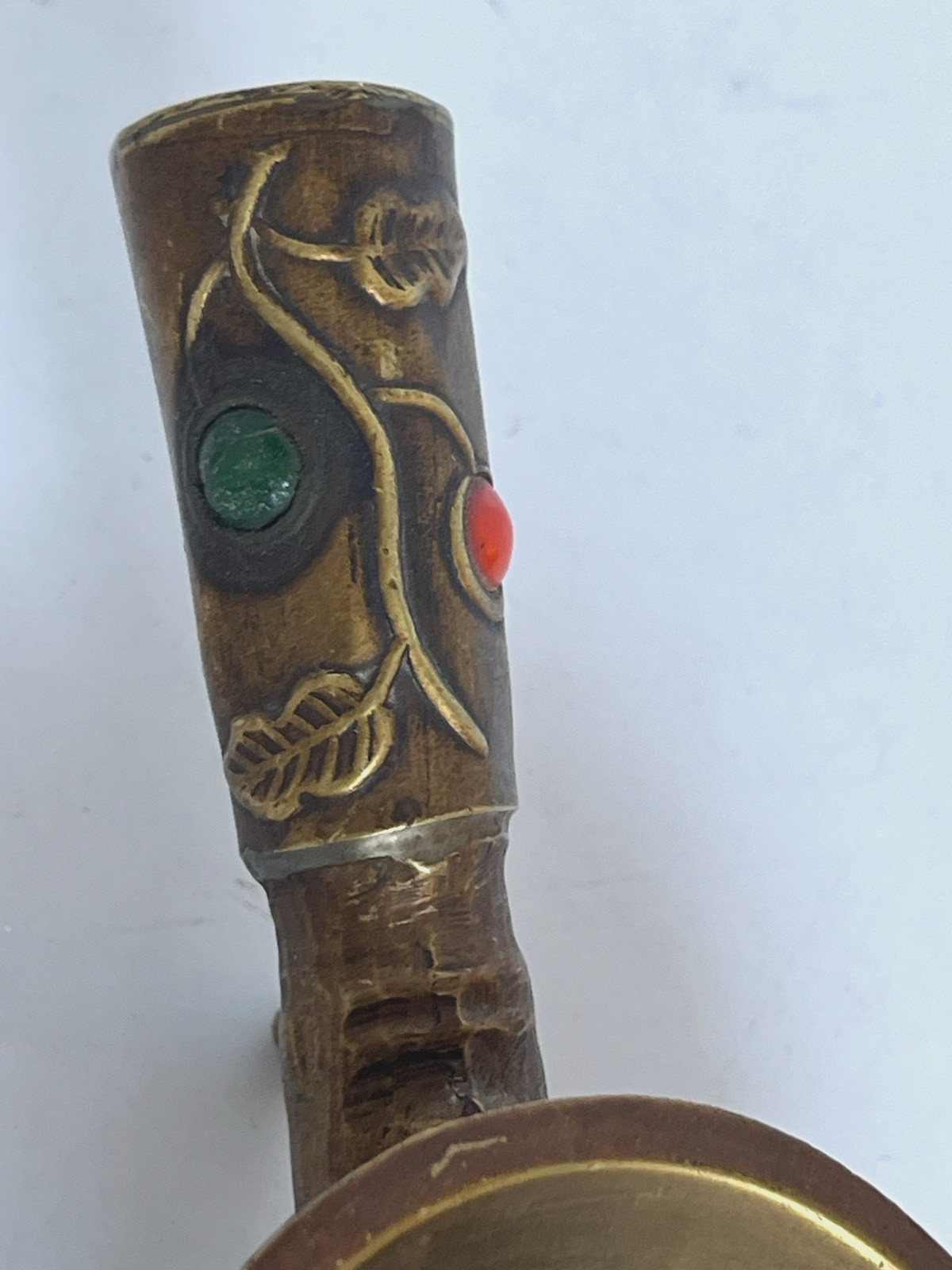Vintage Brass Chinese Silk Coal Iron Floral Design Enamel Insets on Handle