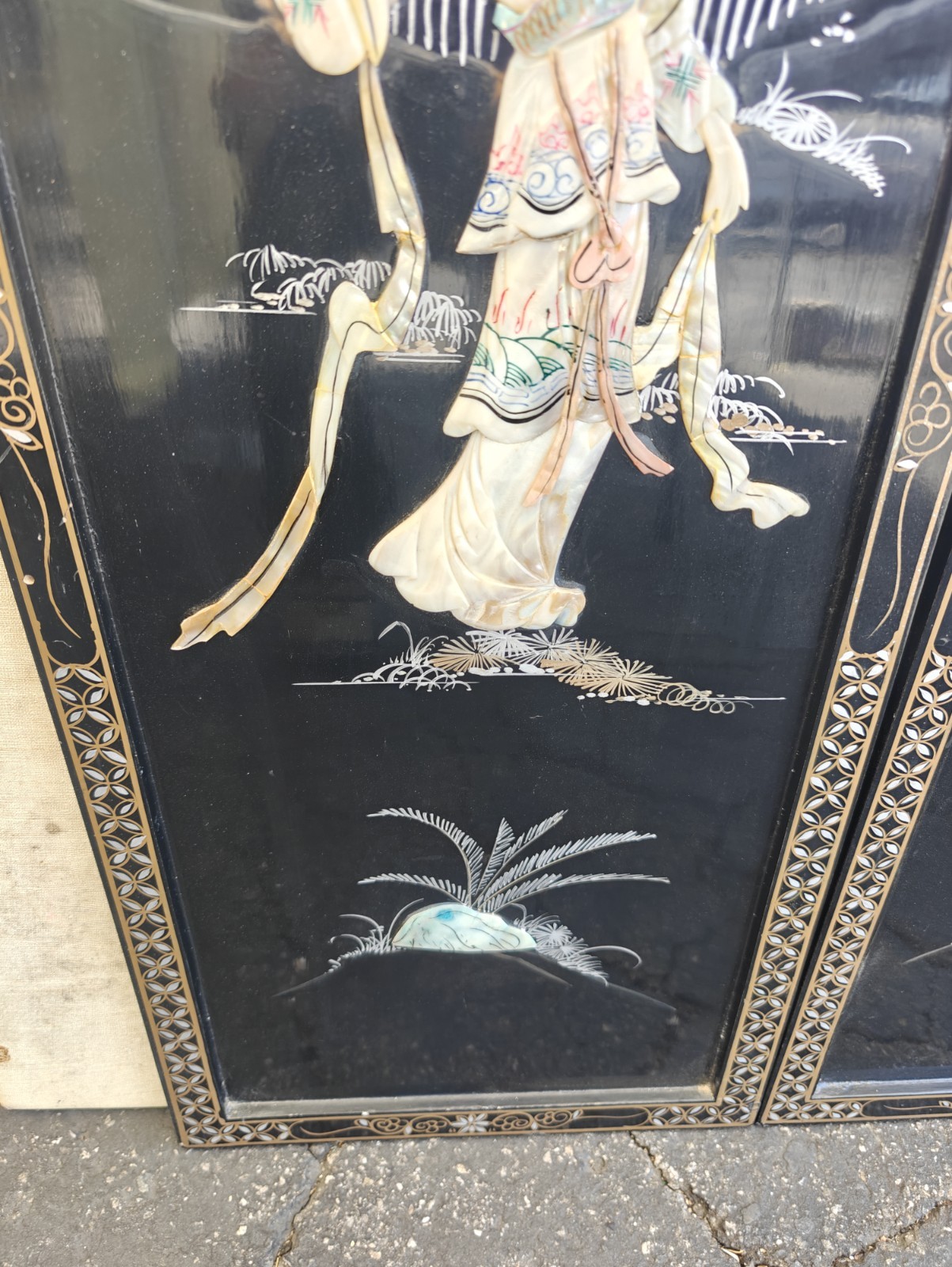 2 Vintage Mother Of Pearl Framed Art Wall Plaques Asian Black And Gold.
