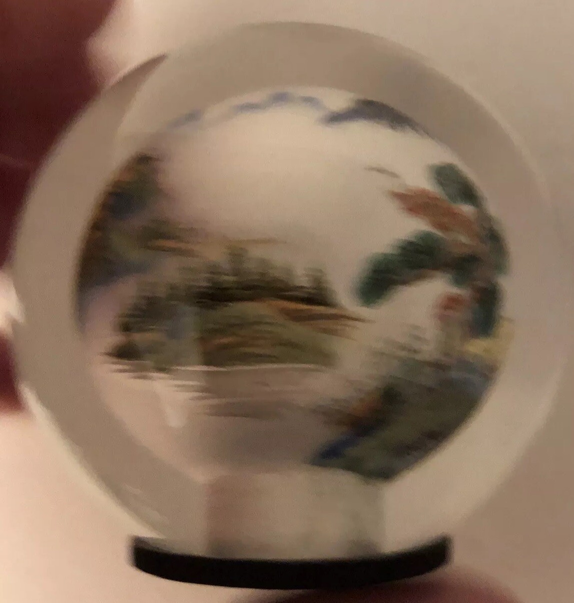 VTG Reverse Painted Glass Ball Sphere Paperweight Oriental Mountain Scene 2”x2”