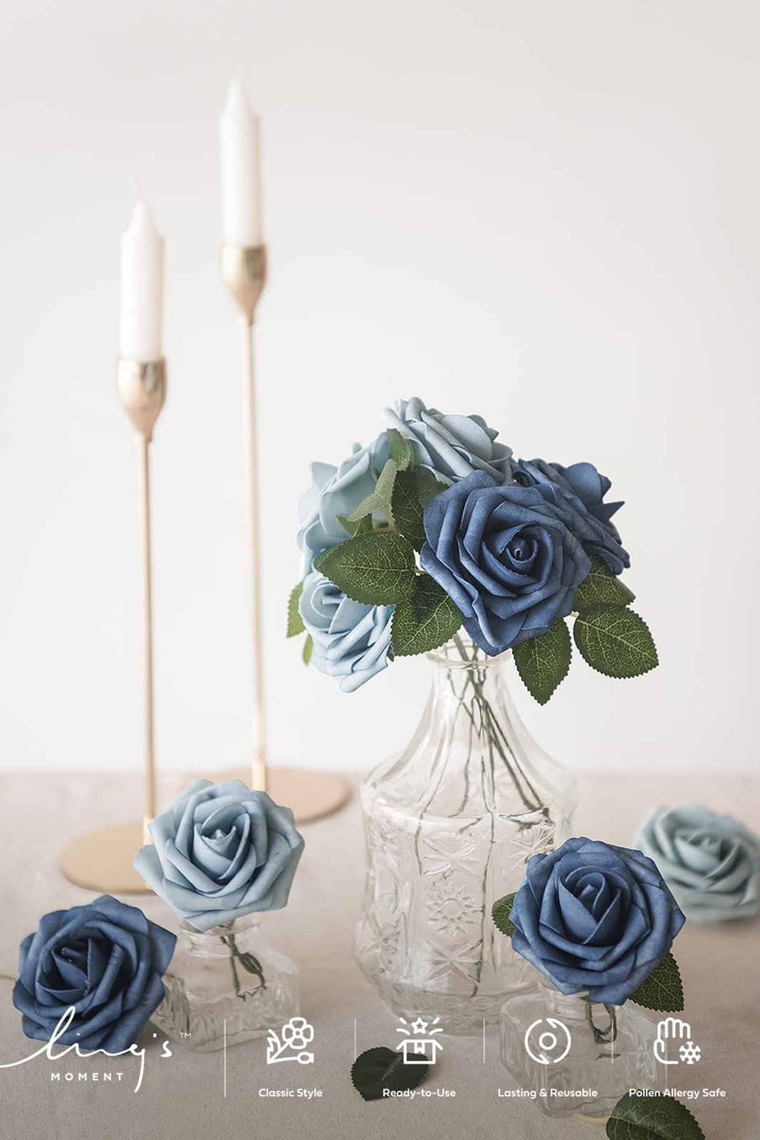 Ling’s moment Artificial Flowers 50Pcs Dusty Blue & Navy Roses Decor w/Stems,…