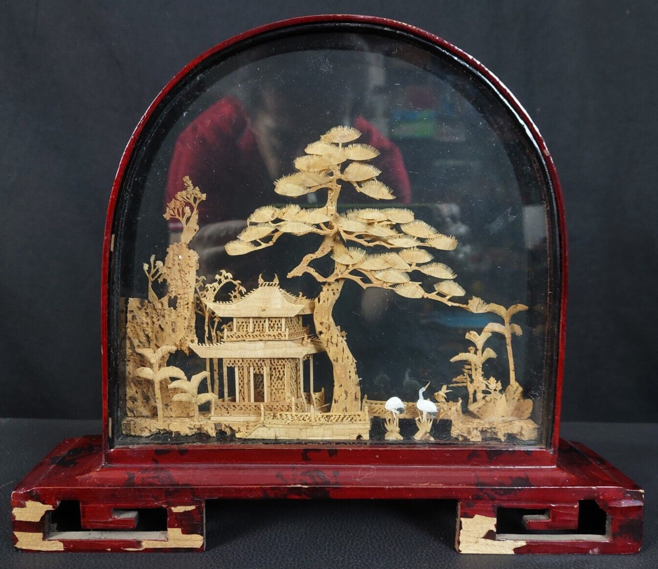 VINTAGE CHINESE SAN YOU DIORAMA CORK CARVING GLASS CASE PAGODA TREES & CRANES