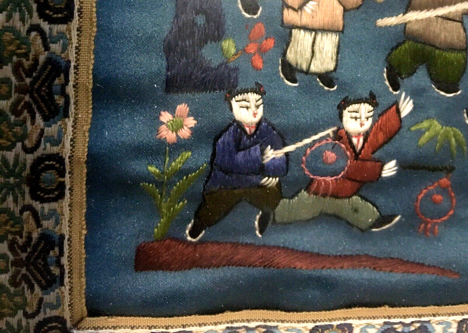 Chinese Silk Tapestry 100 Children Playing 1986 Embroidery Blue 29×18 Framed