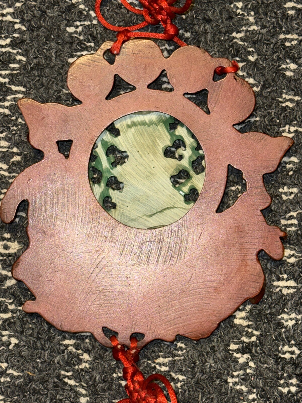 Vtg Chinese Culture Red Knot Happy Buddha Resin Green Faux Jade Wall Hanging