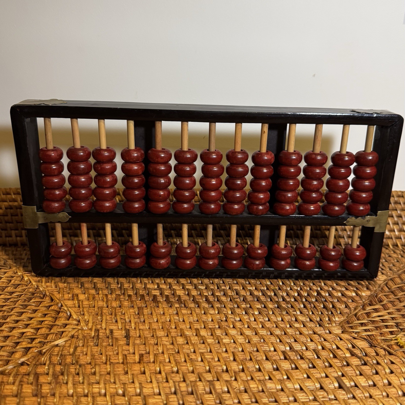 Vintage Abacus 13 Row 91 Beads Red Beads Brass Accents 11” X 5:5”