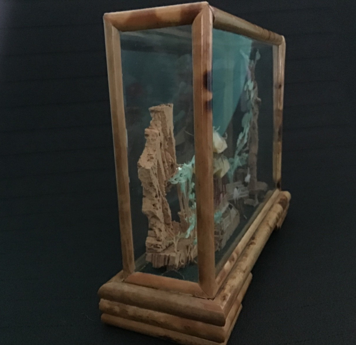 Chinese Cork Diorama with Cranes, Pagoda, Trees in Glass Frame