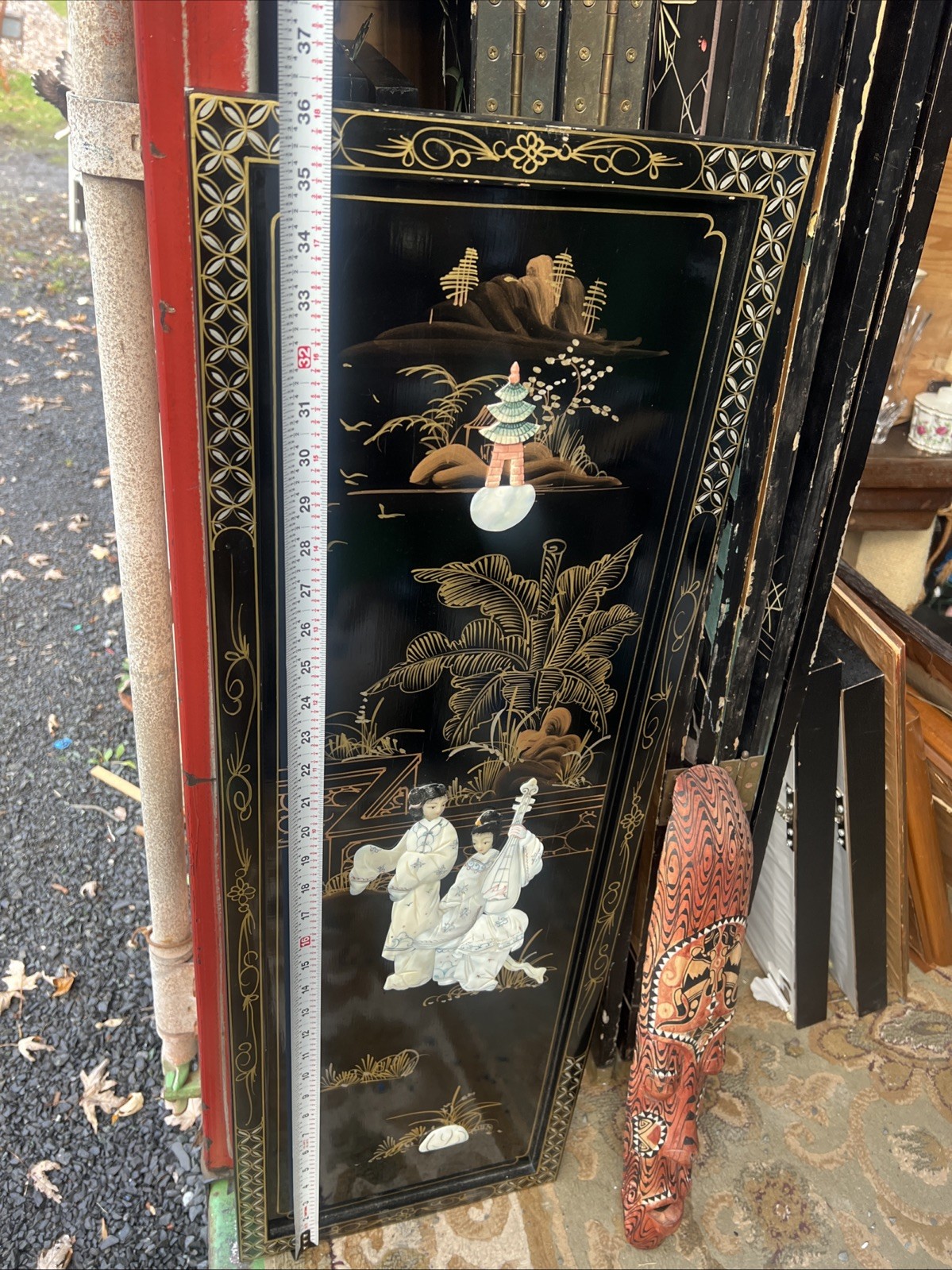 Chinese hanging screen inlaid with mother-of-pearl figures and stories 36”HX12”W