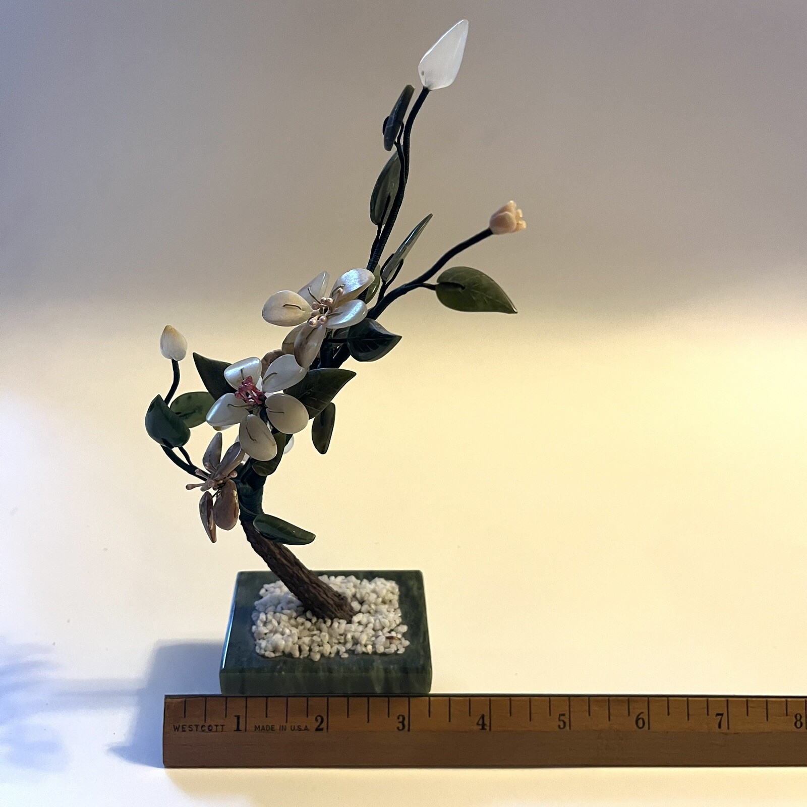 Vtg Asian Flowering Blossom Tree Hand Carved Jade Agate Semi-Precious Stone 8″H