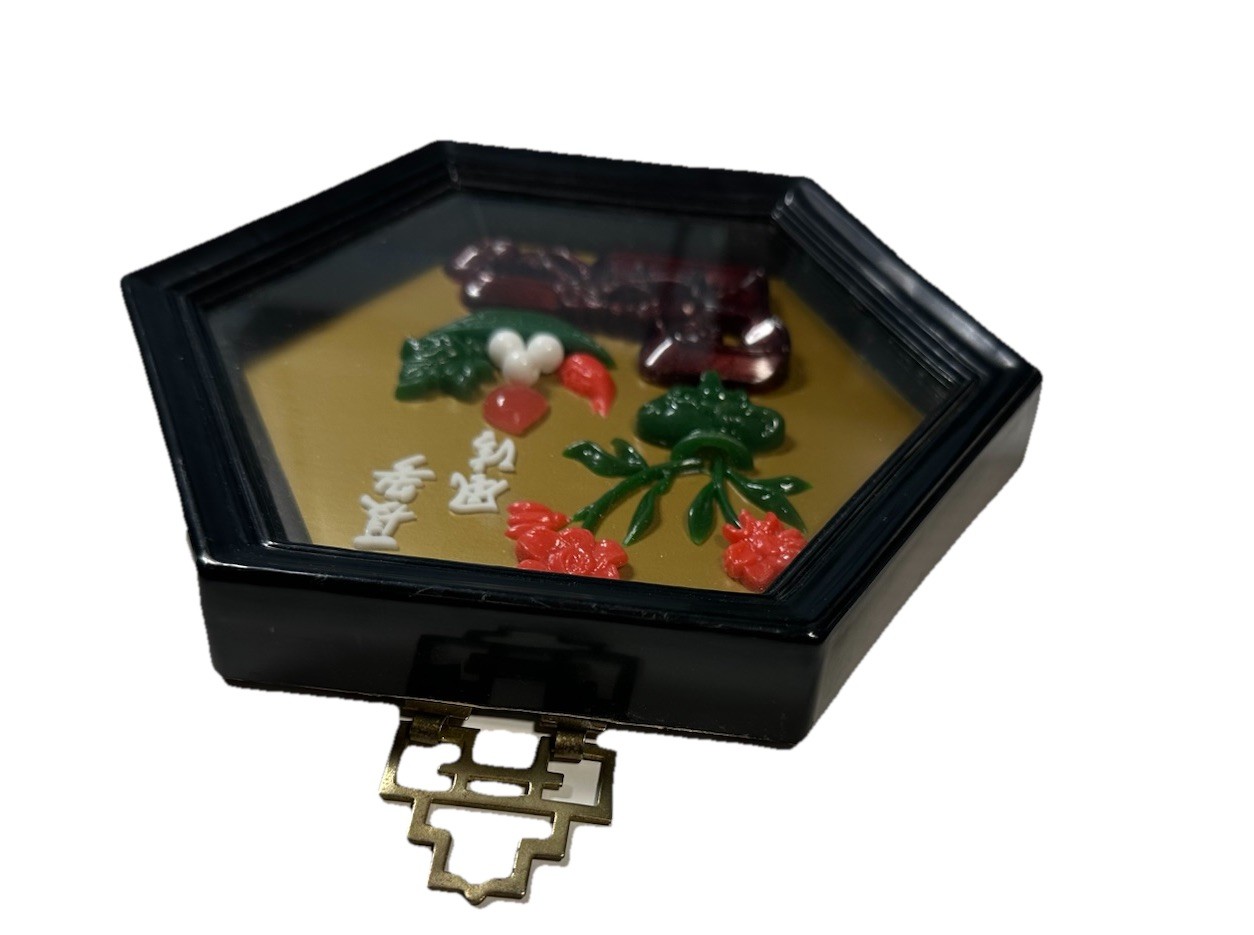 vintage Chinese imitation jade and coral 3D shadow box art plaque