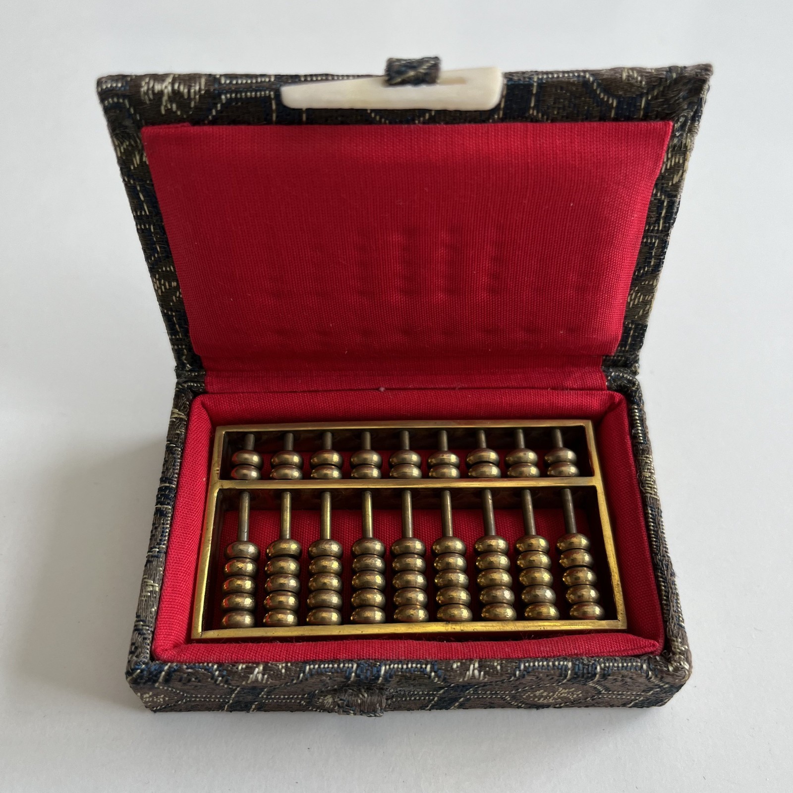 Vintage Miniature Brass Chinese Suanpan 9 Rod Abacus With Silk Brocade Box.