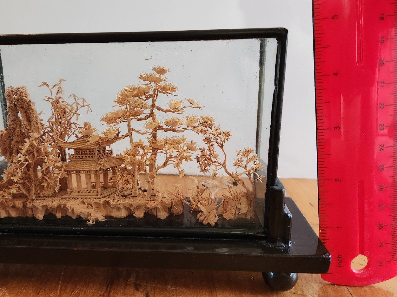 SALE $15.00-Vtg Chinese Cork Art Diorama, Traditional, Hand Carved 3D Glass Case