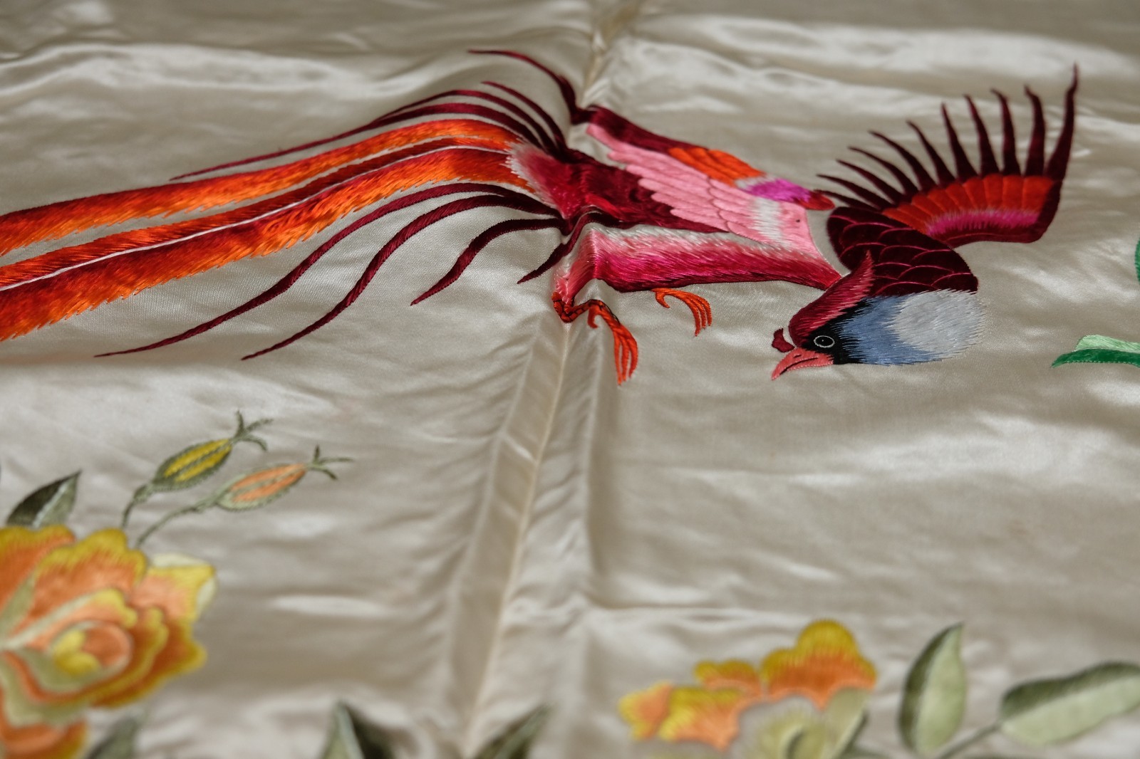 Vintage Chinese Embroidered Silk Large Panel Bed Cover 78″x87″ – never used!