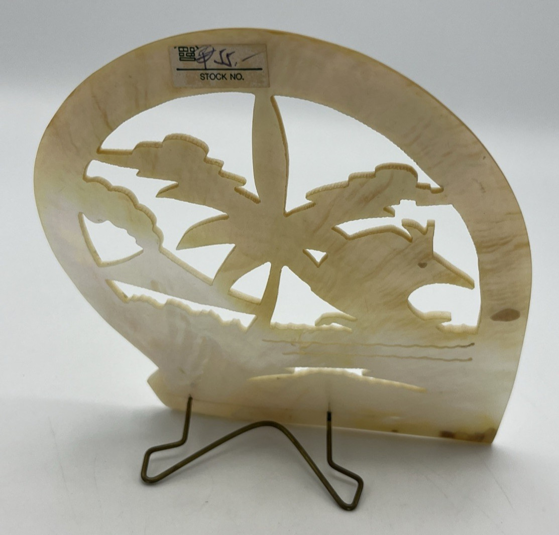 Carved Mother of Pearl Shell Asian Scene with Stand 6″ Tall