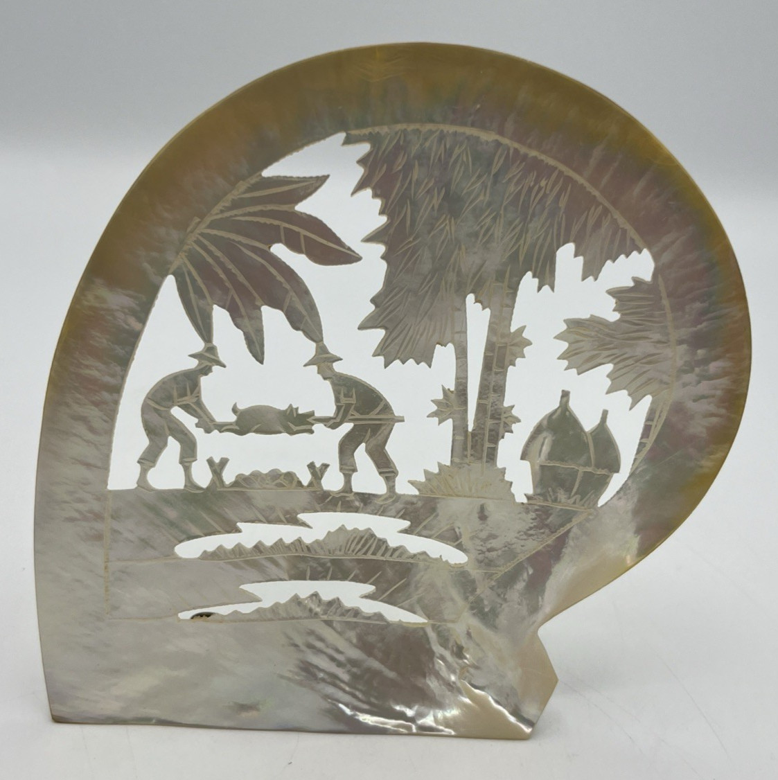 Carved Mother of Pearl Shell Asian Scene with Stand 6″ Tall
